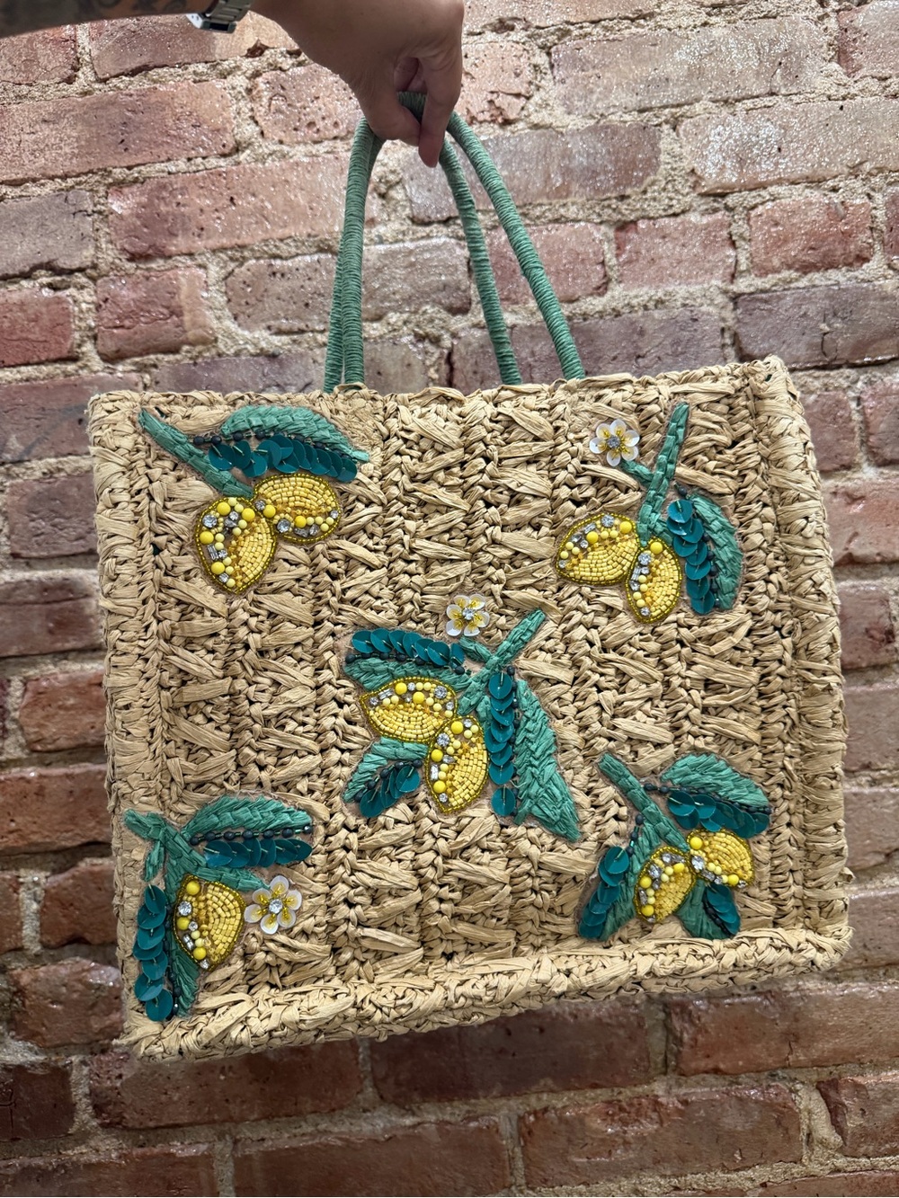 Anthropologie Straw Tote with Yellow & Teal Lemon Embellishments